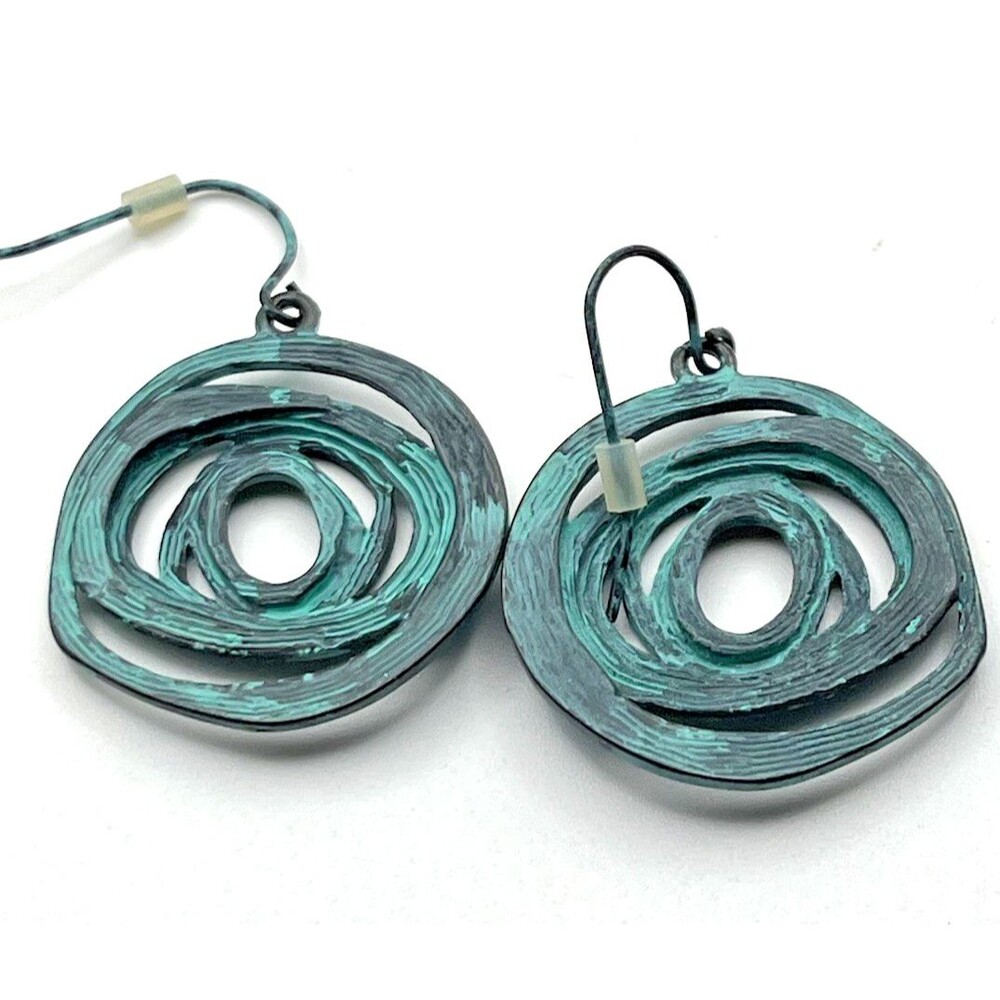 Spiral Earrings Green Boho Hippie Unique Mid Century Modern Astral Metallic